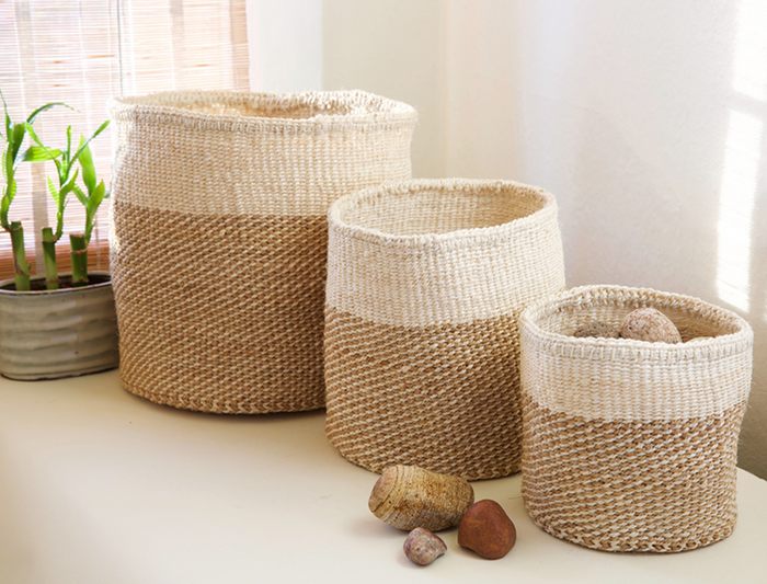 3 Handwoven Beige & Cream Sisal Nesting Baskets, Kenya, Fair Trade