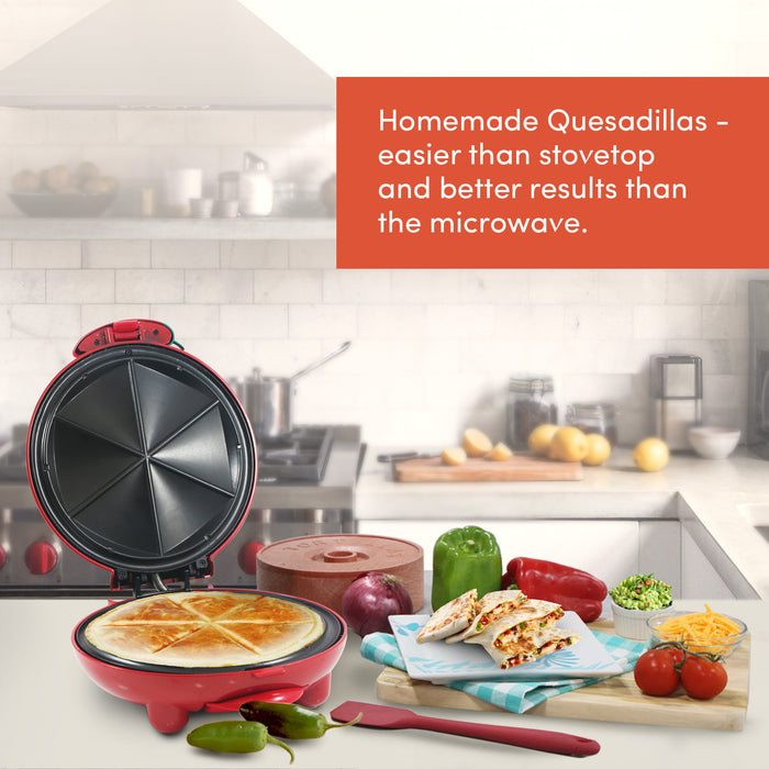 Homemade Quesadillas - easier than stovetop and better results than the microwave. Quesadilla Maker set on kitchen counter next to various ingredients to make quesadillas.