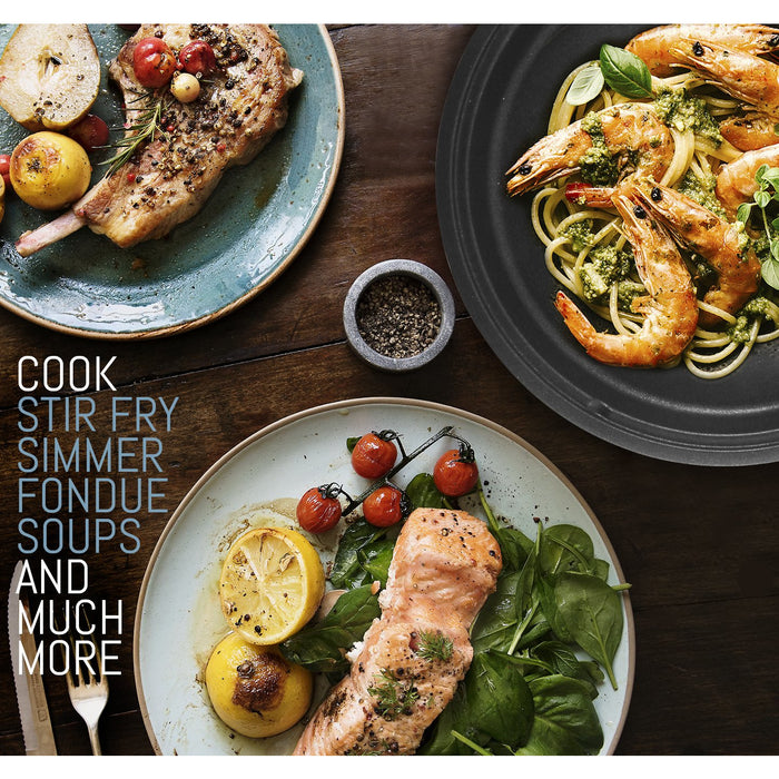 Cook, stir fry, simmer, fondue, soups and much more. Images of cooked food such as shrimp & pasta, salmon and pork chops.
