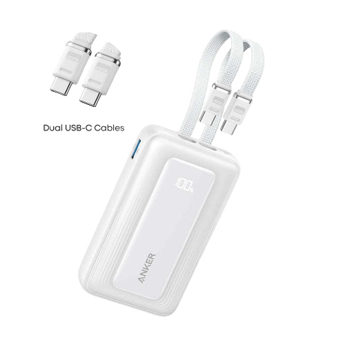 Anker power bank with dual USB-C cables on a white background