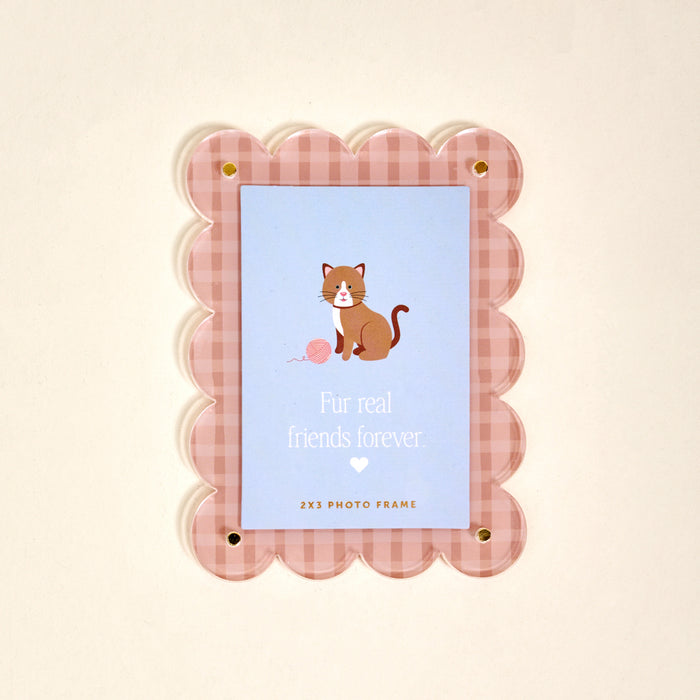 Display the Cool Cat Mini Acrylic Picture Frame Magnet by The Darling Effect on your fridgeβfeatures a pink gingham scalloped frame, blue insert with a cat and yarn, and the phrase "Fur real friends forever" above a heart.