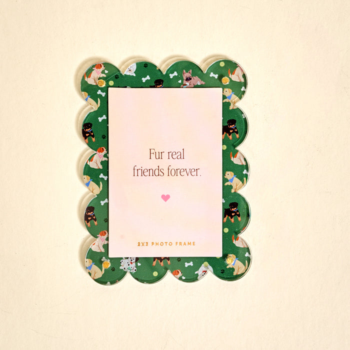 The Darling Effectβs Dog Days Mini Acrylic Picture Frame Magnet features a scalloped green frame with cartoon dogs and a card that says "Fur real friends forever"βa cute and fun way to display photos on your fridge.