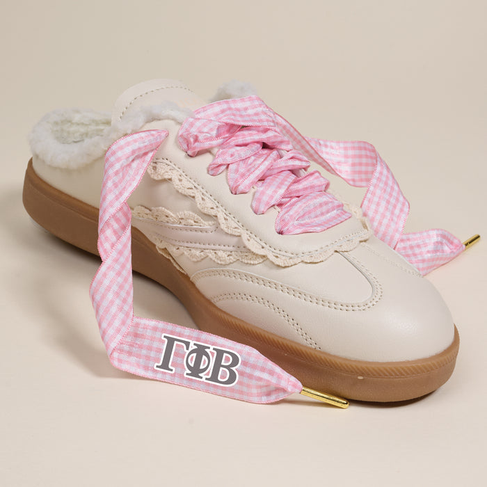The Darling Effect's Gamma Phi Beta Step It Up Shoelaces feature pink gingham with white โฮฮฆฮโ Greek lettersโperfect for sorority gifts or to personalize your sneakers with a chic, collegiate touch.