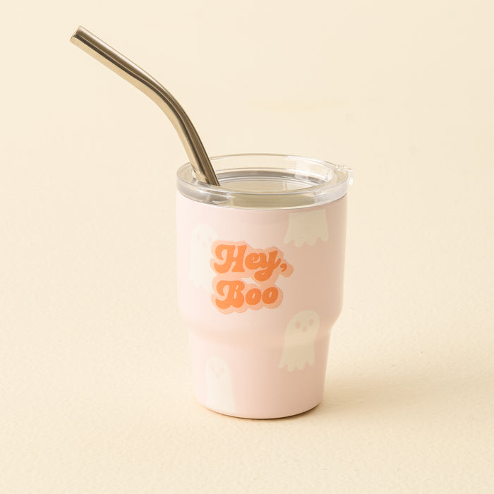 The Hey Boo 2 oz Tiny Tumbler by the-darling-effect is a light pink insulated cup with a clear lid, metal straw, cute white ghost designs, and orange "Hey, Boo" textโperfect for espresso shots in style.