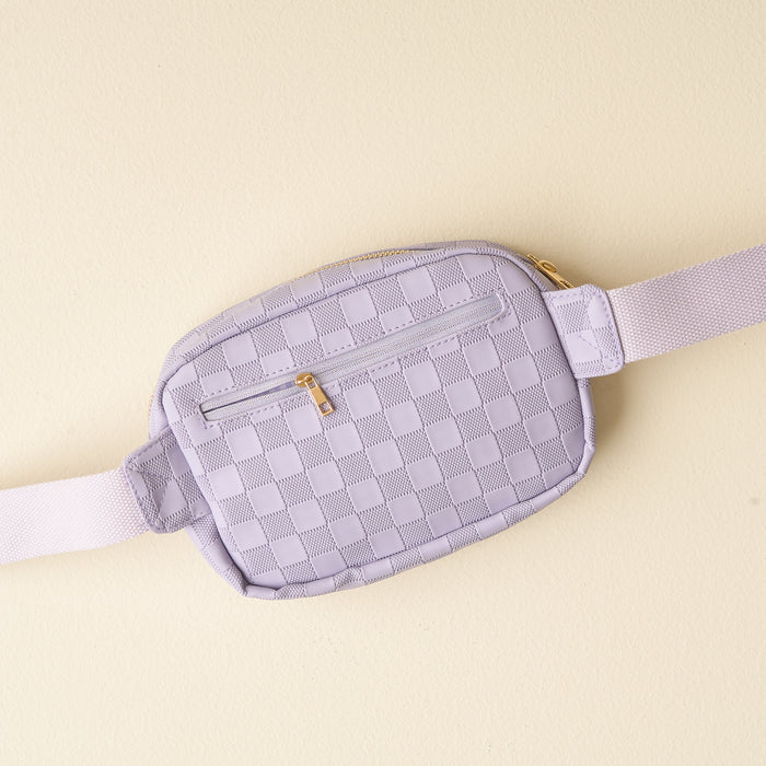 The Darling Effect's Periwinkle Urban Check Belt Bag features vegan leather, a zippered front pocket, and a matching adjustable strap, shown on a light beige backgroundโideal for enhancing women's fashion essentials.