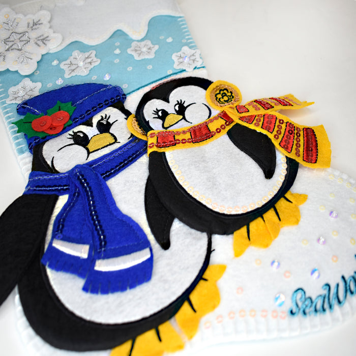 SeaWorld Christmas Penguins Felt Stocking 18"
