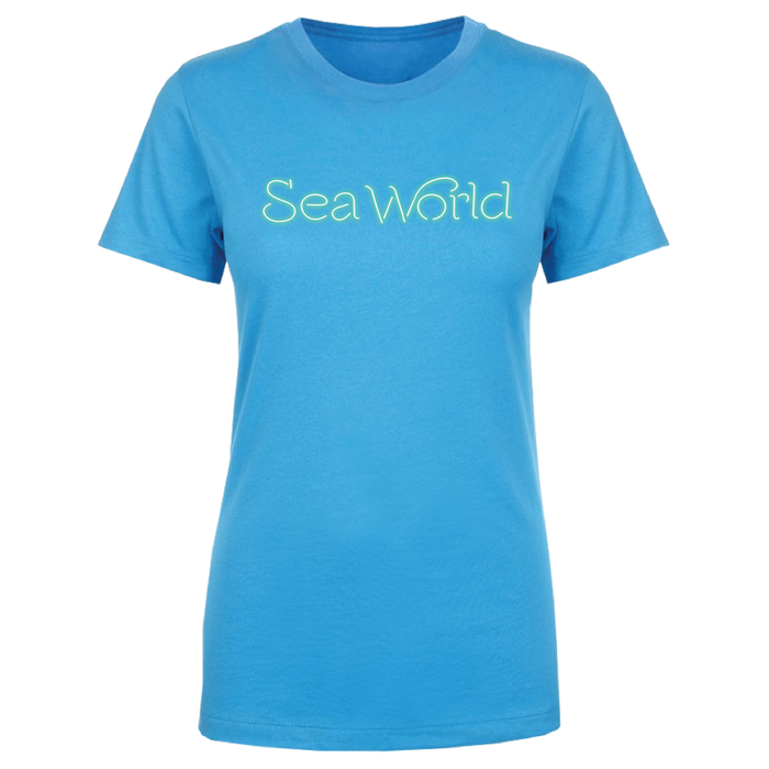 SeaWorld Neon Sign Turquoise Tee Adult front