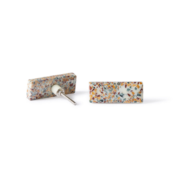 Two rectangular stud earrings with a vibrant Speckle Terazzo Knob Large 6.7cm patternβone lies flat, the other reveals the metal post, echoing Early Settlerβs distinctive decorative style.