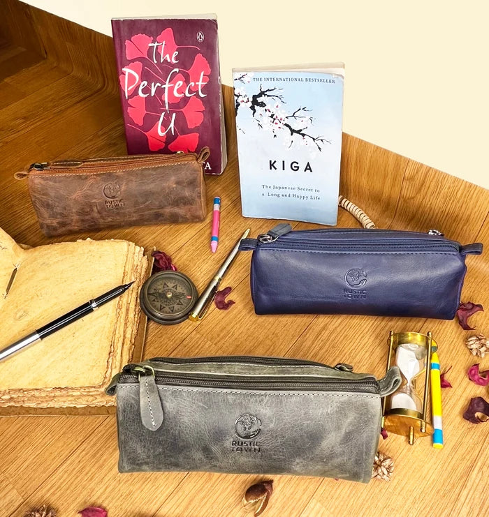 Tom Leather Pencil Case Zipper Pen Pouch - Handcrafted Vintage Stationery Bag for Artists & Students (Grey)