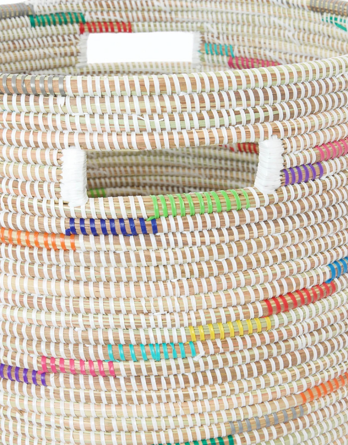 White Rainbow Striped Hamper Laundry Storage Basket- Fair Trade-Eco-Friendly- Handmade