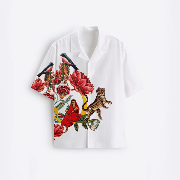 16 Bit Retro Art shirt for men in white Giza cotton, front flat view, camp collar, tiger, bird and seated woman artwork