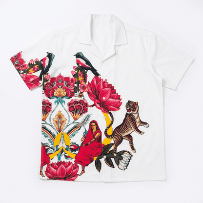 16 Bit Retro Art shirt for men in white, front flat view with a camp collar and the floral artwork