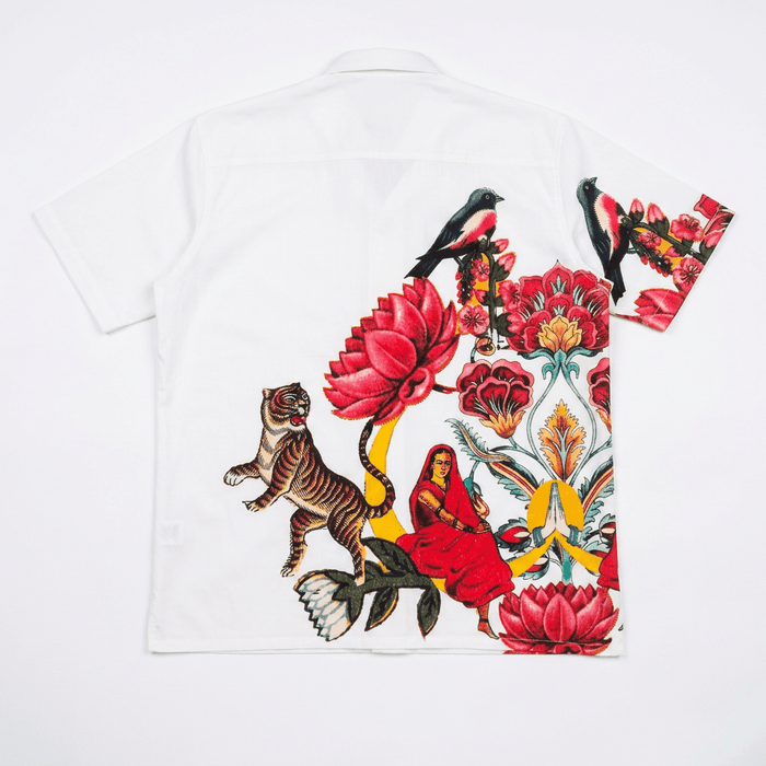 16 Bit Retro Art shirt for men in white, back flat view, with the floral tiger and seated woman artwork