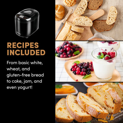 RECIPES INCLUDED From basic white, wheat, and gluten-free bread to cake, jam, and even yogurt! Showing various cakes, breads and yogurt with berries.