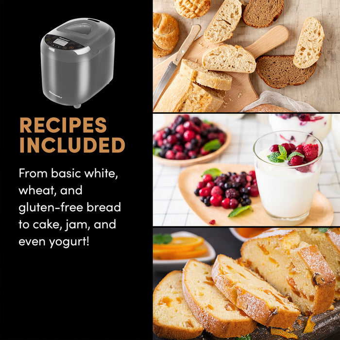 2 Lb Programmable Bread Maker Machine, 3 Loaf Sizes, 19 Menu Functions, Grey