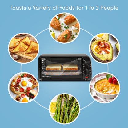 Various cooked foods displayed around the toaster oven. Toasts a variety of foods for 1 to 2 people.