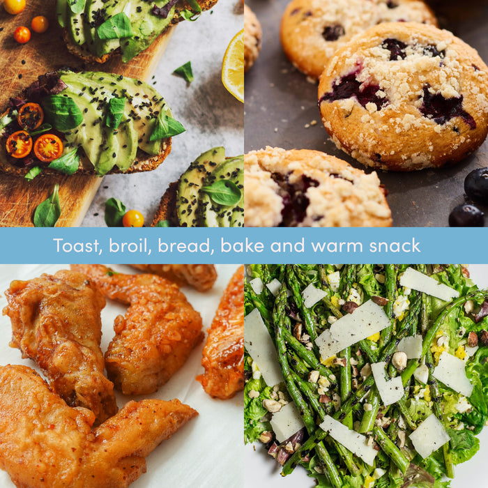 Images of various cooked foods. Toast, broil, bread, bake and warm snack.