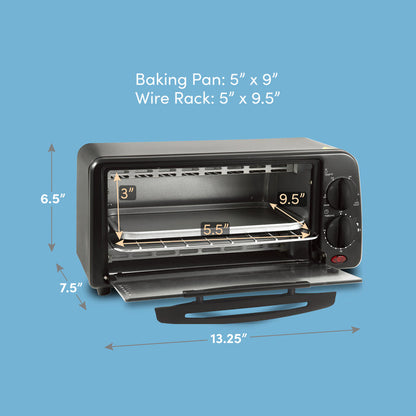 Baking pan sized 5" x 9". Wire rack sized 5" x 9.5". Toaster oven dimension: 6.5" in height, 13.25" in length, 7.5" in width.