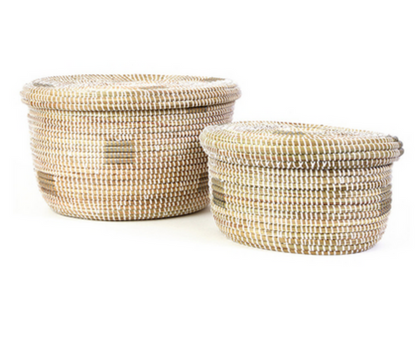 2 White Oval Pixel Handwoven African Cattail Decorative Storage Basket, Fair Trade