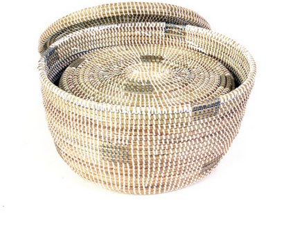 2 White Oval Pixel Handwoven African Cattail Decorative Storage Basket, Fair Trade