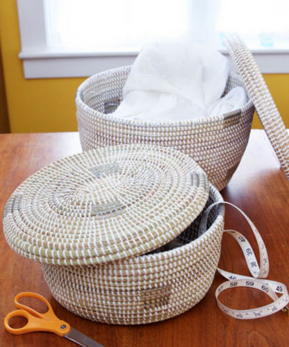 2 White Oval Pixel Handwoven African Cattail Decorative Storage Basket, Fair Trade