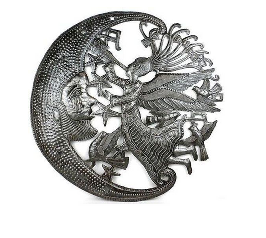 24" Handcrafted Angel & Moon Metal Wall Decor made from steel drums in Haiti - Give Back Goods