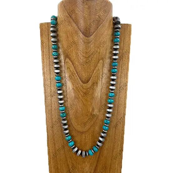 27" Navajo Inspired Pearl and Turquoise Rondelle Bead Necklace