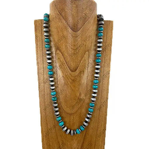 27" Navajo Inspired Pearl and Turquoise Rondelle Bead Necklace