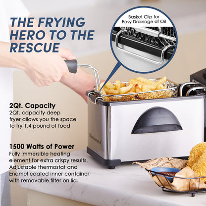 The Frying Hero to the Rescue.  2Qt Capacity.  2Qt. capacity deep fryer allows you the space to fry 1.4 pound of food.  1500 Watts of Power.  Fully immersible heating element for extra crispy results.  Adjustable thermostat and enamel coated inner container with removable filter on lid.