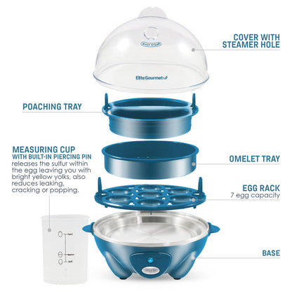 Parts & accessories displayed. Poaching Tray, Measuring cup with built-in piercing pin releases the sulfur with the egg leaving you with bright yellow yolks, also reduces leaking, cracking or popping. Cover with steamer hole. Omelet Tray. Egg rack 7 egg capacity. Base.