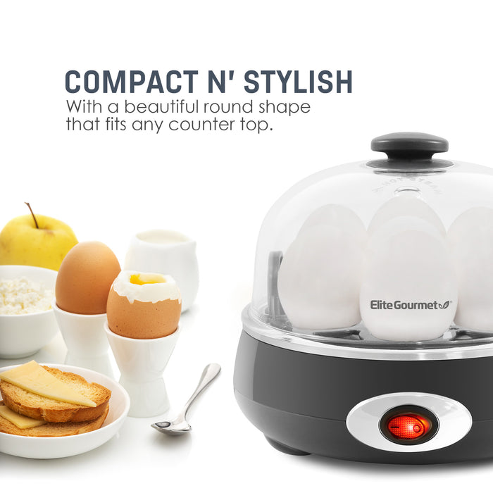 Compact N' Stylish with a beautiful round shape that fits any counter top. Egg cooker next to cooked eggs, fruit and toast.