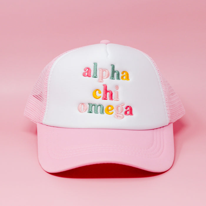 The Darling Effect Alpha Chi Omega Pink Trucker Hat features pastel embroidery for a vibrant sorority look.