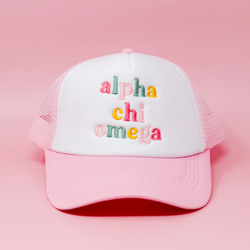 The Darling Effect Alpha Chi Omega Pink Trucker Hat features pastel embroidery for a vibrant sorority look.