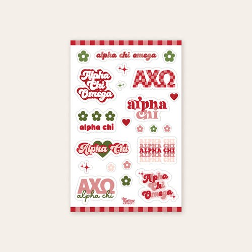Show your sorority spirit with The Darling Effect’s Alpha Chi Omega Sticker Sheet—featuring retro Alpha Chi Omega text, florals, and hearts. Perfect for displaying sisterhood pride!.