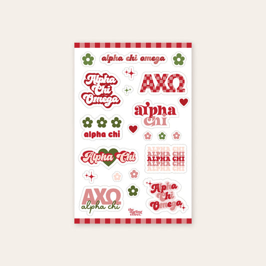 Show your sorority spirit with The Darling Effect’s Alpha Chi Omega Sticker Sheet—featuring retro Alpha Chi Omega text, florals, and hearts. Perfect for displaying sisterhood pride!.