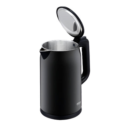 Black electric kettle with a silver interior on a white background