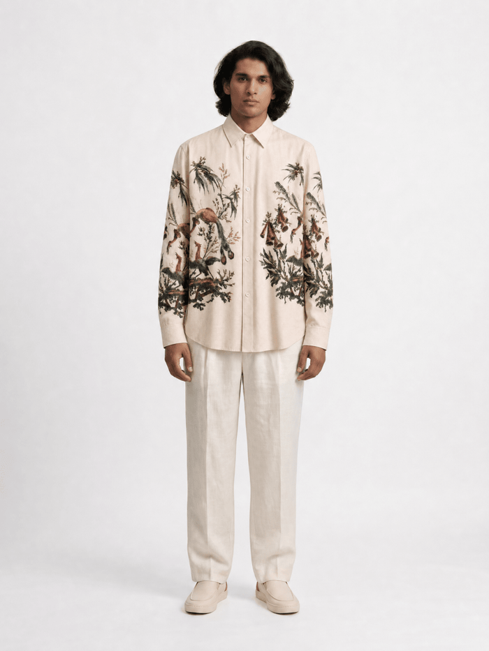 Naymish Giza Cotton Men Shirt — Aviary Bloom Printed — Off White - Naymish Designs