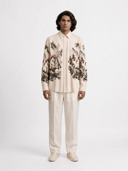 Naymish Giza Cotton Men Shirt — Aviary Bloom Printed — Off White - Naymish Designs