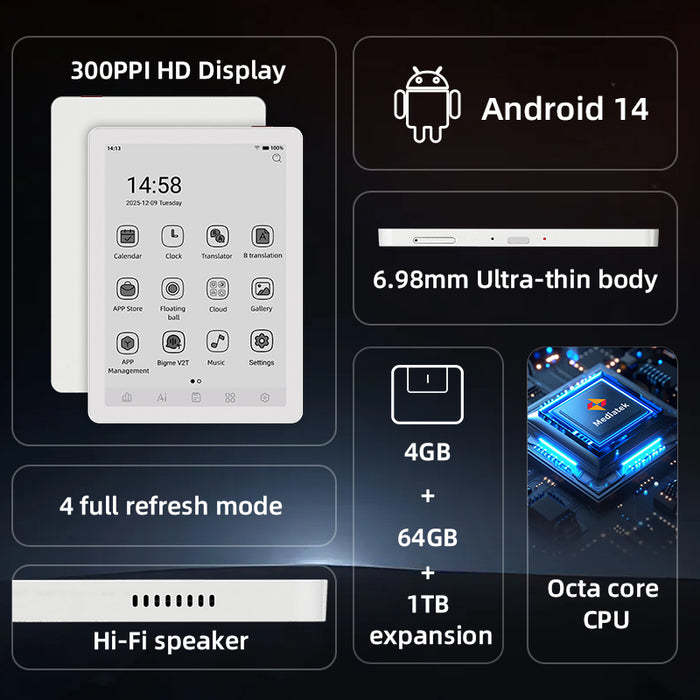 B6 Black & White 300PPI 6'' Compact Ebook Reader with Android 14OS E-reader Morden remarkable Eink Tablet for digital reading