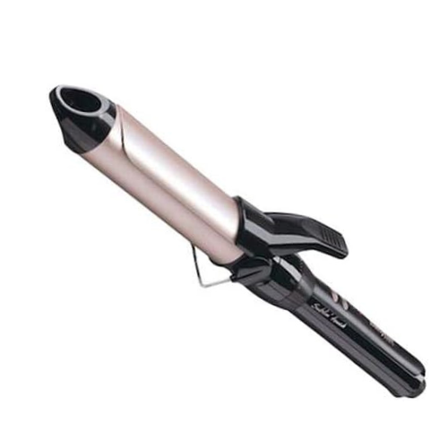 Curling iron with rose gold and black design on a white background