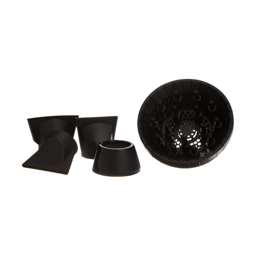 Set of black plastic components on a white background
