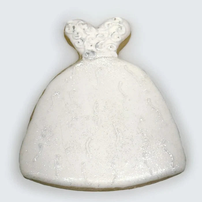 White ball gown wedding dress sugar cookie decorated with royal icing and silver accents