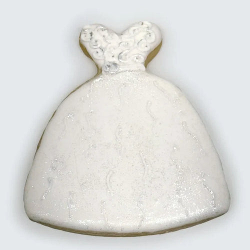 White ball gown wedding dress sugar cookie decorated with royal icing and silver accents
