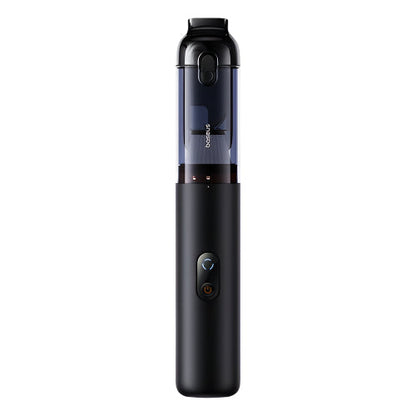 Black handheld device with a clear top section on a white background