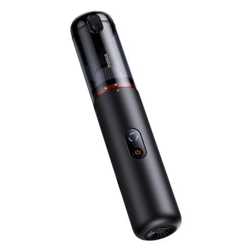 Black handheld device with brand logo on a white background