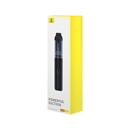 Black electronic device in a yellow and white packaging on a white background