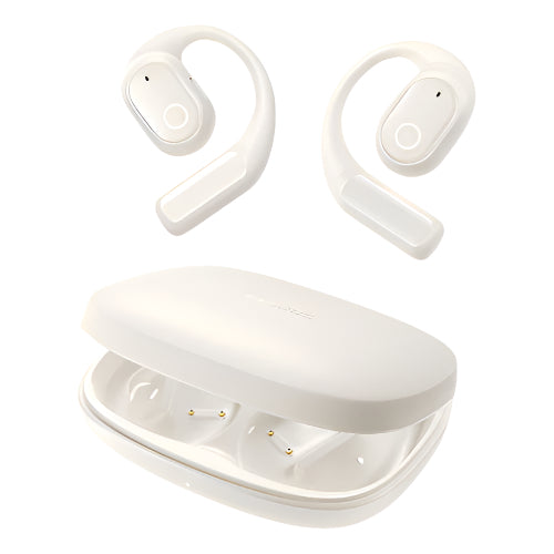 White wireless earbuds with charging case on a white background