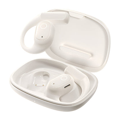 White wireless earbuds in a matching charging case on a white background