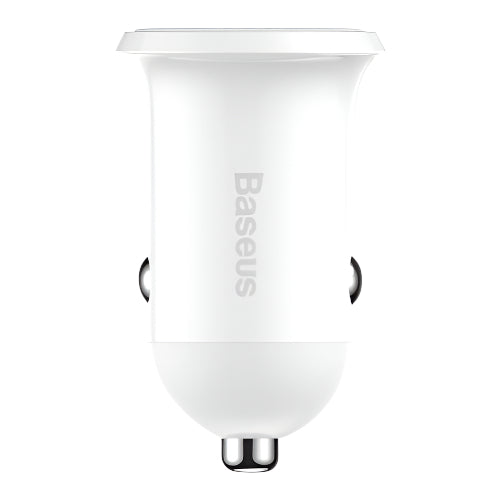 White car charger with 'Baseus' branding on a white background