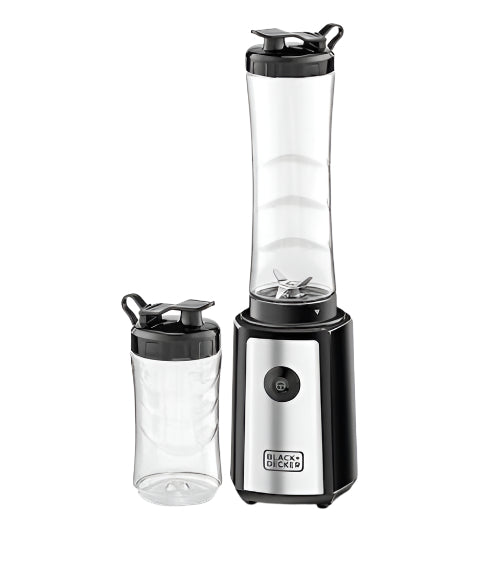 Black and Decker portable blender with two clear jars on a white background